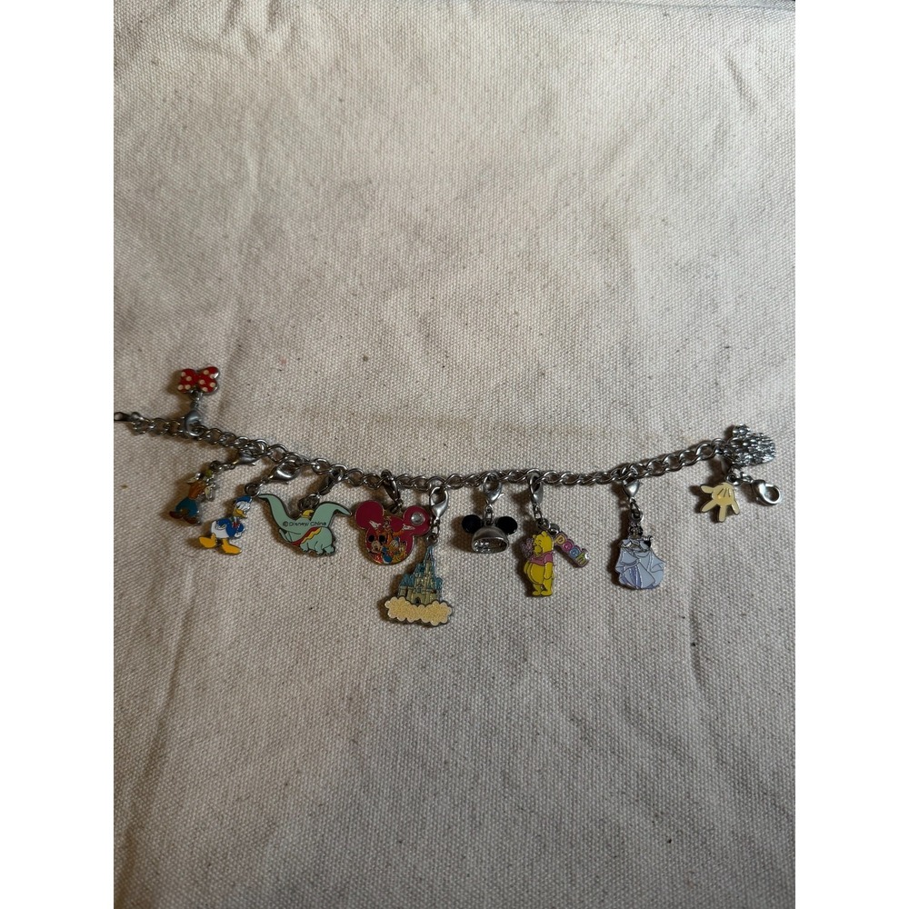 Disney Parks Silver Colored Charm Bracelet - 11 Removable Charms - 7"
